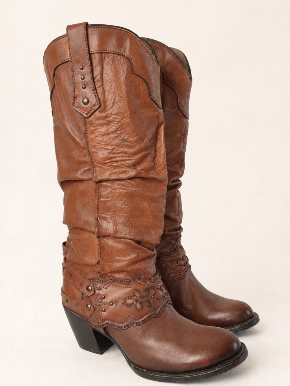 Cuadra Tall Brown Leather Western Boots Tooled Harness Zip Block Heel Womens 7.5